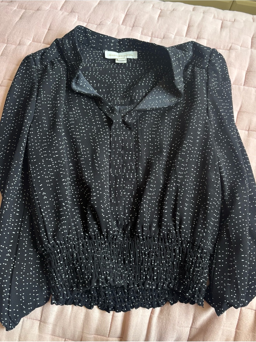 Monteau Black Blouse with White Dot Print and Smocked Waist
